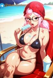 1girl ai_generated beanie_hat bikini black_bikini black_eyes brawl_stars breasts janet_(brawl_stars) mandystars medium_breasts pink_hair solo telegram tricky_janet_(brawl_stars)