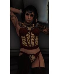 1girls 3d 3d_(artwork) 3dcg absurd_res alternate_outfit black_hair_female edited_screencap expressionless game_cg grand_theft_auto grand_theft_auto_online gta_online_female_character highres izzy_captures leather_gloves lingerie lying_in_bed multiple_tattoos necklace rockstar_editor rockstar_games short_hair_female stockings tattoos thighhighs tomboyish unbothered