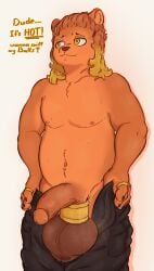 anthro ball_jewelry ball_stretcher balls belly_piercing big_balls bodily_fluids bottomwear bottomwear_down clothed clothing dialogue english_text genitals gold_(metal) goldi_(the_g0lden_0ne) hair hi_res jewelry long_hair male mammal musk musky_balls mustelid open_bottomwear open_clothing open_pants otter pants pants_down partially_clothed simple_background sweat sweatdrop sweaty_balls sweaty_genitalia text the_g0lden_0ne