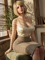 aged_up ai_generated ashley_graham ashley_graham_(ella_freya) bangs big_breasts blonde-haired_female blonde_female blonde_hair caucasian caucasian_female child_bearing_hips cleavage cleavage_cutout cuote4mikewhere large_breasts looking_at_viewer medium_hair necklace painted_nails posing posing_for_the_viewer red_lipstick resident_evil resident_evil_4 resident_evil_4_remake sitting skirt slim_waist tagme tank_top thick_thighs wide_hips