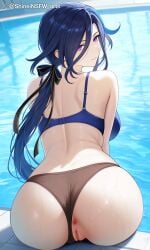 1girls ai_generated ass blue_eyes blue_hair clorinde_(genshin_impact) genshin_impact looking_at_viewer pussy shineinsfw sitting solo uncensored