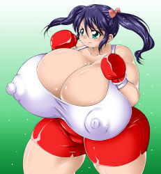 1girls areola_bulge ass black_hair blue_eyes boxing_gloves boxing_shorts breasts cleavage female female_focus female_only gym_shorts hips hyper hyper_breasts large_ass large_breasts nipple_bulge t-shirt tetsujinex thick_thighs thighs wide_hips