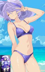 1girl almost_nude areolae beach beach_background blue_eyes blue_sky bra breasts cute female female_focus female_only female_public_hair hat human looking_at_viewer medium_breasts medium_hair outdoors purple_hair riu_chan roblox roblox_game roblox_is_unbreakable robloxian sexy smile solo standing summer topless