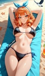 ai_art ai_generated alixx_nswf beach big_breasts bikini breasts green green_eyes guinevere_(mobile_legends) mobile_legends mobile_legends:_bang_bang orange_hair sexy