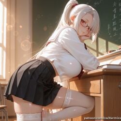1girl ai_generated bangs black_skirt blush breasts desk from_side glasses head_rest huge_breasts indoors kermixx kugano_shizume large_breasts long_hair long_sleeves looking_at_viewer neckerchief pleated_skirt ponytail red_eyes sailor_collar school_uniform serafuku shirt sidelocks skirt smile solo sweat thighhighs thighs white_hair white_shirt white_thighhighs