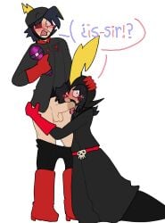 !? andy bad_anatomy balls black_hair blowjob blush commander_peepers dark_blue_hair emo emo_boy fellatio gay gay_blowjob impressed looking_at_viewer microphone oral oral_penetration oral_sex penis precum red_eyes saliva sunnypawsy wander_over_yonder watchdog