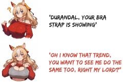 ? ai_generated blonde_hair blue_hair bra_strap durandal_(umamusume) ear_covers english_text female female_only flashing grey_sports_bra horse_ears horse_girl huge_breasts lifting_own_clothes meme ponytail single_ear_cover sports_bra sweater umamusume umamusume_pretty_derby white_hair