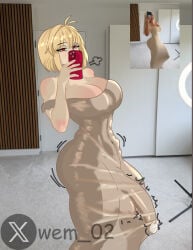 1futa antenna_hair aolo arcueid_brunestud balls ballsack blonde_hair breasts bulge_through_clothing cleavage dress futa_only futanari hair_between_eyes holding_phone horny horny_futa huge_balls hyper hyper_penis large_breasts melty_blood_arcueid_figure_(meme) meme penis_under_dress red_eyes reference_image selfie short_hair sigh single_hair_intake throbbing_penis tight_dress tsukihime tsukihime_(remake) wem_02