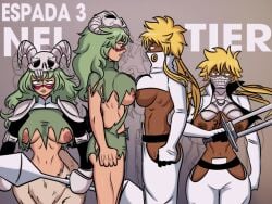 big_areola big_breasts bleach blonde_hair breast_press centaur dark-skinned_female dark_nipples exposed_breasts huge_breasts muscular_female nelliel_tu_odelschwanck pink_nipples shameless_nude_female tier_harribel vigilante_ink