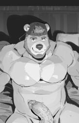 2026 bear beard big_pecs big_penis cap derek_honnington_(saltypoundcake) erection furry hat humanoid_penis looking_at_viewer male monochrome muscular saltypoundcake smile solo