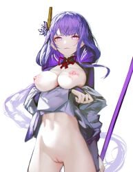 1girl 1girls breasts genshin_impact highres hoyoverse iumu long_hair medium_breasts navel pussy raiden_shogun simple_background stomach tagme thighs white_background
