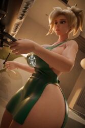 angela_ziegler apron apron_only barista big_boobs big_breasts blizzard_entertainment blonde blonde-haired_female blonde_female blonde_hair boobs breasts female female_focus female_only large_breasts mature mature_female mature_woman mercy mercy_(overwatch) overwatch overwatch_2 solo solo_female solo_focus starbucks tanqian6918 thick_thighs thighs