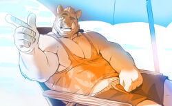 2020 5_fingers bara beach beard clothed furry looking_at_viewer male muscular nose_piercing open_mouth pecs saltypoundcake shorts solo tank_top wild_boar