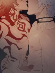 2boys abs arm_tattoo bite_mark bite_mark_on_neck black_choker blonde_hair braid chest_tattoo choker commentary erection facial_tattoo gradient_hair hand_on_another's_hip hickey highres honkai:_star_rail honkai_(series) large_pectorals licking licking_another's_face male_focus medium_hair multicolored_hair multiple_boys mydei_(honkai:_star_rail) neck_tattoo parted_bangs pectorals penis phainon_(honkai:_star_rail) red_hair red_tattoo ruuhlid short_hair side_braid sun_symbol sun_tattoo tattoo toned toned_male untranslatable_commentary white_hair yaoi