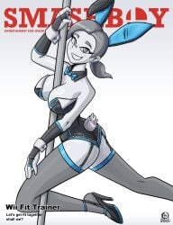 1girl animal_ears artist_name ass bare_shoulders between_breasts black_footwear black_leotard blue_bow blue_bowtie bow bowtie breasts bridal_gauntlets bunnysuit character_name cleavage clothing colored_skin detached_collar english_text fake_animal_ears fake_cover fake_magazine_cover fake_tail female garter_straps gloves grey_eyes grey_hair grey_skin grey_thighhighs grin high_heels jewelry large_breasts leotard looking_at_viewer magazine_cover playboy_bunny pole pole_dancing ponytail rabbit_ears rabbit_tail short_ponytail smile solo solo_female strapless strapless_leotard stripper stripper_pole tail thighhighs traditional_bowtie tube web_address white_background white_skin wii_fit wii_fit_trainer wii_fit_trainer_(female) wrist_cuffs