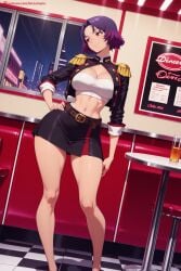1girl ai_generated argyle belt black_jacket black_skirt breasts checkered checkered_background checkered_floor cleavage full_body hand_on_hip hi_res high_quality high_resolution indoors jacket kiraamane large_breasts looking_at_viewer mato_seihei_no_slave midriff miniskirt navel open_jacket patreon purple_hair race_queen red_eyes seductive sexy short_hair skirt smile solo standing tile_floor tiles uncensored watermark yakumo_ezo
