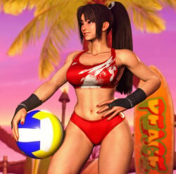 1girls 3d ball beach bikini blurry_background breasts bridal_gauntlets brown_eyes brown_hair buruma clothing collarbone cowboy_shot female gloves hand_on_own_hip high_ponytail holding holding_ball large_breasts lips long_hair looking_afar looking_to_the_side mai_shiranui medium_breasts midriff nail_polish navel nose outdoors palm_tree parted_lips ponytail red_bikini red_buruma red_nails screenshot shiranui_mai sky solo sports_bikini sportswear standing stomach street_fighter_6 sunset surfboard swimsuit thighs toned tree volleyball volleyball_(object) volleyball_net