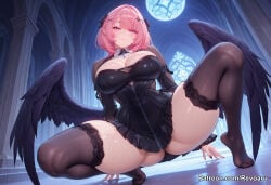1girl ai_generated big_breasts female hair hoyoverse mature_female pink ramiel_(zenless_zone_zero) remielle_(zenless_zone_zero) remielle_dan revoaru squatting thick_thighs thighs wings zenless_zone_zero