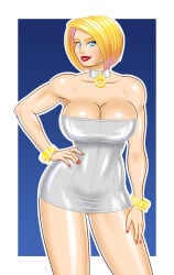 1girls blonde_hair blue_eyes bluebullpen cleavage collar dress female female_only latex latex_clothing latex_dress lipstick makeup metal_collar minidress nail_polish painted_fingernails painted_nails power_girl rubber rubber_clothing shiny_clothes shiny_skin short_dress strapless_dress tight_clothing