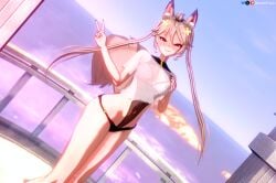 1girls animal_ears ass beach blonde_hair brat cleavage cropped_shirt curvy female fox_ears fox_girl fox_tail hand_on_own_chest hips indie_virtual_youtuber looking_at_viewer one-piece_swimsuit outdoors red_eyes see-through_shirt sexy shirahiko_(vtuber) small_breasts smug solo spamkaju tail thighs tits twintails v virtual_youtuber vtuber water white_shirt x_hair_ornament