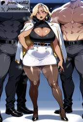 1girl 2boys abs ai_generated belt black_belt black_footwear black_hair black_pants black_shirt blonde_hair blue_nails blush breasts brown_pantyhose bulge cleavage cleavage_cutout clothing clothing_cutout curvy dark-skinned_female dark-skinned_male dark_skin domina_(overwatch) earrings english_text female footwear full_body hand_on_own_hip head_out_of_frame heart-shaped_pupils heavy_breathing high-waist_skirt high_heels huge_breasts jacket jacket_on_shoulders jennieart02 jewelry large_breasts large_pectorals looking_at_viewer male mature_female miniskirt multicolored_hair multiple_boys muscle muscular muscular_male nail_polish open_mouth overwatch overwatch_2 pants pantyhose patreon patreon_logo patreon_username pectorals pencil_skirt red_eyes shirt shoes short_hair skirt solo_focus standing steaming_body streaked_hair sweat symbol-shaped_pupils tan teeth thick_thighs thighs topless_male twitter twitter_username two-tone_hair vaira_singhania virtual_youtuber watermark white_jacket white_skirt wide_hips