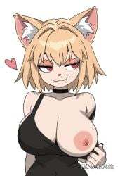 1girl :3 animal_ear_fluff animal_ears animal_nose artist_name black_choker black_dress blonde_hair breasts cat_ears cat_girl choker cleavage closed_mouth collarbone flashing furry furry_female hair_intakes heart large_breasts looking_to_the_side neco-arc nipples one_breast_out pulled_by_self red_eyes short_hair simple_background smile solo tank_top upper_body white_background