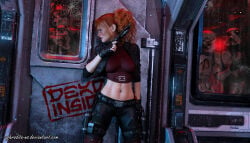 1girls 2026 3d 3d_(artwork) angry annoyed_expression annoyed_female aphrodite-ns beautiful_woman belly belt cleavage cleavage_cutout death_trooper fingerless_gloves firearm holding_blaster holding_gun huge_breasts leather_pants mature_woman navel orange-haired_female original_character phoebe red_lipstick short-haired_female star_wars star_wars_legends text tight_pants tight_shirt tomboy watermark zombies