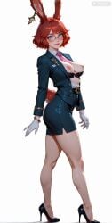 ai_generated animal_ears aurora_(league_of_legends) belt between_breasts black_bra black_footwear blue_eyes blue_jacket blue_skirt blush bra bra_pull bracelet breasts breasts_out closed_mouth clothes_pull collared_shirt earrings freckles full_body glasses gloves high-waist_skirt high_heels jacket jewelry large_breasts legs lips long_sleeves looking_at_viewer medium_breasts miniskirt necktie necktie_between_breasts nipples open_clothes open_jacket open_shirt pencil_skirt rabbit_ears rabbit_girl rabbit_tail red_hair round_eyewear shirt short_hair simple_background skirt smile solo standing tail underwear viera white_background white_gloves white_shirt