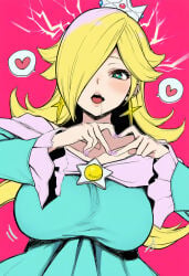 1girls ai_generated aqua_dress blonde_hair blue_dress blue_eyes blush breasts brooch clothing collarbone crown dress drooling earrings female hair_over_one_eye headwear heart-shaped_pupils heart_hands jewelry large_breasts long_hair long_sleeves looking_at_viewer mario_(series) nail_polish off-shoulder_dress off_shoulder open_mouth pink_background pink_nails princess_rosalina purple_nails rosalina saliva simple_background solo speech_bubble spoken_heart star_(symbol) star_brooch star_earrings super_mario_galaxy symbol-shaped_pupils upper_body