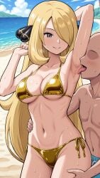 1boy 1girls ai_generated armpit_fetish armpits arms_up beach bikini bodily_fluids creatures_(company) cynthia_(pokemon) female game_freak gold_bikini golden_bikini licking_armpit light-skinned_female light-skinned_male light_skin male male/female nintendo outdoors pokemon pokemon_bdsp pokemon_dppt self_upload straight sweat sweating sweaty sweaty_armpits