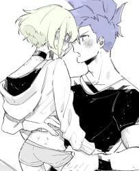 1femboy 2boys androgynous bite_mark bite_marks blonde_hair bob_cut choker collar femboy feminine_faced_male feminine_male galo_thymos gay lio_fotia monochrome petite petite_body petite_male promare short_hair short_male size_difference slim slim_male slim_waist thin_waist twink undressing undressing_another waist_grab wholesome yaoi