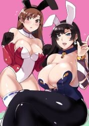 2girls alternative_fashion black_hair blushing brown_eyes brown_hair bunny_costume bunny_ears_headband bunnysuit cleavage commission_art different_breast_sizes different_eye_color different_poses huge_breasts large_breasts legs_crossed megami_tensei pantyhose purple_eyes rice_grg shin_megami_tensei shiny_skin sitting suggestive thick_thighs thigh_highs yuka_(megami_tensei) yuriko_(shin_megami_tensei)