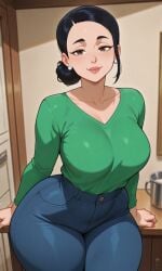ai_generated big_breasts black_hair curvaceous curvy debbie_grayson hairbun houseofwaifu huge_breasts invincible jeans mature_female milf milf_body mommy seductive thick thick_hips thick_legs thick_thighs wide_hips wide_thighs