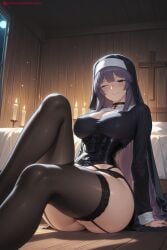 1girl ai_generated asama_miya ass bangs black_legwear blush breasts choker dress garter_straps habit hi_res high_quality high_resolution indoors kiraamane large_breasts legs long_hair long_sleeves looking_at_viewer nun one_eye_closed patreon purple_hair seductive sexy sitting smile solo thighhighs thighs uncensored underwear watermark