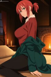 1girl ai_generated bed black_pants blush breasts candle candlelight collared_shirt digitalwaifugallery fire from_side green_eyes hair_between_eyes hatori_chise hi_res high_quality high_resolution indoors jacket large_breasts looking_at_viewer mahoutsukai_no_yome night on_bed pants parted_lips patreon pillow ponytail red_hair red_shirt red_sweater seductive sexy shirt short_hair short_ponytail sidelocks sitting solo sweater uncensored watermark window