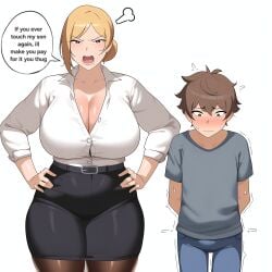 angry angry_expression assertive_female before blonde_hair bully bullying button_gap cleavage curvy dialogue english_text hair_bun huge_breasts married_female mature_female milf mom_with_bully mommy mother mother_and_son mother_and_son's_bully office_clothing office_lady scolding son tight_clothes tight_clothing tight_skirt tsundere wedding_ring wide_hips