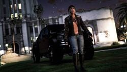 3d 3d_(artwork) 3dcg armored_car belly biker_jacket breast_tattoo cleavage collarbone edited_screencap game_cg grand_theft_auto grand_theft_auto_online gta_online_female_character izzy_captures jeans large_breasts leaning_aside los_santos navel open_jacket red_lipstick rockstar_editor rockstar_games standing tight_jeans tomboy twintails unbothered white_hair