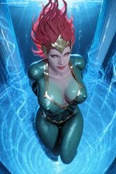 1girl ai_generated air_bubble artist_name blue_eyes bodysuit breasts cleavage collarbone from_above hi_res high_quality high_resolution large_breasts lips long_hair looking_at_viewer looking_up makeup patreon red_hair seductive sexy solo spicytoonai submerged swimming uncensored underwater water watermark