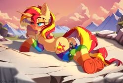 butt chest_fluff clothes cloud commission day dock ear_fluff ears_up female friendship_is_magic full_body g4 hoof_on_cheek lgbt looking_at_you looking_back looking_back_at_you lying_down mare mlp mlp_g4 my_little_pony outdoors pink_sky plot pony pride pride_flag pride_month prone rainbow_socks rock smiling smiling_at_you socks solo stone striped_socks sunset sunset_shimmer tail underhoof vaginal_beads yuris_(artist)