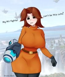 1girl arm_cannon artist_name belt belt_buckle black_eyes black_gloves black_leggings black_pantyhose blue_sky blurry blurry_background blush breasts brown_belt brown_hair buckle castle cliff cloud cowboy_shot curvy day dodo-bot dress embarrassed english_text eyes_visible_through_hair floating_island gloves gun hair_intakes highres huge_breasts impossible_clothes impossible_dress large_breasts leggings long_sleeves looking_at_viewer medium_hair mii_(nintendo) mii_gunner mii_gunner_(smash_4) narrow_waist nose_blush ocean orange_dress orange_sweater outdoors pantyhose parted_bangs parted_lips short_dress sky solo standing super_smash_bros. sweatdrop sweater turtleneck turtleneck_dress twitter_username water waterfall weapon wide_hips
