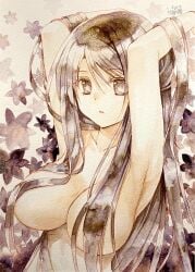 armpits arms_behind_head black_eyes black_hair cute hair_censor hair_covering_breasts large_breasts long_hair looking_at_viewer watercolor watercolor_(artwork)