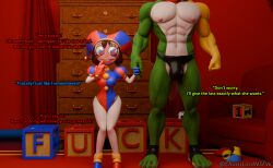 3d 3d_(artwork) 4k big_ass bigger_male blender blender_(software) blushing_female bulge chaoslord female/male gummigoo_(tadc) gummigoo_(the_amazing_digital_circus) gummigoo_(valorlynz) holding_hands huge_cock jester_girl jester_outfit male_thong muscular_male pomni pomni_(spectixia) pomni_(tadc) pomni_(the_amazing_digital_circus) size_difference smaller_female tadc tagme text the_amazing_digital_circus thick thick_thighs wide_hips