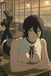 1girl ai_generated artist_name ass black_choker black_hair black_ribbon black_shorts black_thighhighs breasts breasts_out brown_footwear chainsaw_man choker closed_mouth collared_shirt crossed_arms cup digitalwaifugallery green_eyes hair_between_eyes hair_bun hi_res high_quality high_resolution indoors looking_at_viewer lying medium_breasts neck_ribbon nipples no_bra on_stomach open_clothes open_shirt patreon rain reze_(chainsaw_man) ribbon seductive sexy shirt shoes short_hair shorts single_hair_bun sleeveless sleeveless_shirt smile solo table thighhighs uncensored watermark white_shirt window