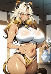 1girl ai_generated animal_ears animal_print bare_shoulders blonde_hair blush breasts brown_hair closed_mouth clothing colored_tips cowboy_shot crop_top curvy dark-skinned_female dark_skin female flower genshin_impact gradient_hair hair_between_eyes highleg huge_breasts indoors large_breasts leopard_ears leopard_print leopard_tail lion_ears lion_tail long_hair looking_down multicolored_hair navel novart01 one-piece_tan panties plump sleeveless_shirt solo steam steaming_body stomach sweat tail tan tanlines thick_thighs thighs tiger_tail underwear vase very_sweaty virtual_youtuber white_flower xilonen_(genshin_impact) yellow_eyes