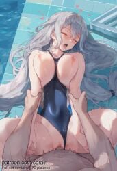 1boy 1girl 2026 ai_generated alternate_costume arknights arm_grab between_breasts blue_one-piece_swimsuit blush breasts breasts_out censored closed_eyes clothed_female_nude_male clothed_sex clothes_between_breasts clothing_aside collarbone competition_swimsuit covered_navel from_above grey_hair hair_between_eyes hair_spread_out heart hetero highres large_breasts long_hair low-tied_long_hair lying missionary mosaic_censoring motion_lines nipples nsfw nude on_back one-piece_swimsuit open_mouth penis pool poolside pov pussy saliva serain sex skadi_(arknights) solo_focus spread_legs swimsuit swimsuit_aside thighs tile_floor tiles tongue tongue_out uncensored vaginal very_long_hair water wet