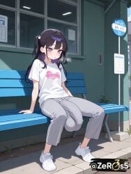 1futa ai_generated big_balls big_penis bulge bulge_through_clothing flaccid flaccid_penis futa_is_bigger futadom futanari huge_cock hyper_genitalia hyper_penis large_penis saggy_balls sitting_on_bench tight_clothing tight_pants visible