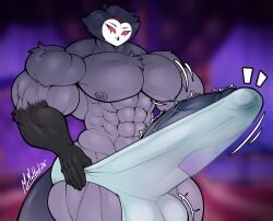 1boy abs anthro avian balls biceps big_balls big_penis demon furry furry_only helluva_boss huge_cock hyper hyper_penis male male_only mrmelted muscular muscular_male pecs penis png red_eyes solo stolas_(helluva_boss) tail_feathers underwear