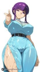 1girl ai_generated artist_name bangs belt blue_dress blunt_bangs braid breasts cameltoe closed_mouth covered_nipples dress fern_(sousou_no_frieren) frieren_beyond_journey's_end large_breasts looking_at_viewer patreon pointing pointing_at_viewer purple_eyes purple_hair questionable senpai_pixels side_slit sidelocks simple_background smile solo sousou_no_frieren thighs wet wet_clothes white_background