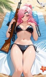 ai_art ai_generated alixx_nswf beach big_breasts bikini breasts lesley_(mobile_legends) mobile_legends mobile_legends:_bang_bang one_eye_closed one_eye_covered pink_hair rifle sexy