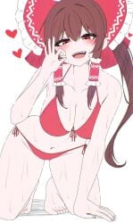 all_fours barefoot bikini blush fellatio_gesture heart kiui_(dagk8254) large_breasts looking_at_viewer naughty_face open_mouth pink_nails pink_toenails reimu_hakurei smile teeth thick_thighs toes touhou wet_skin wide_hips